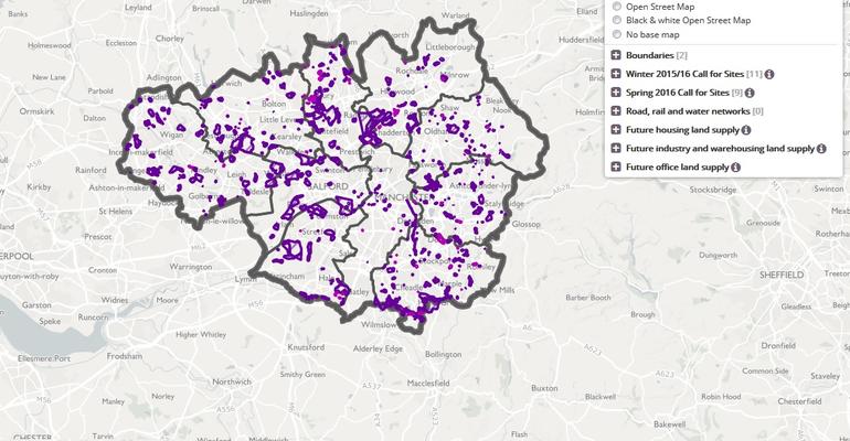 Map of Greater Manchester and the surrounding area with highlighted details relating to the Spatial Framework (2016 proposal)