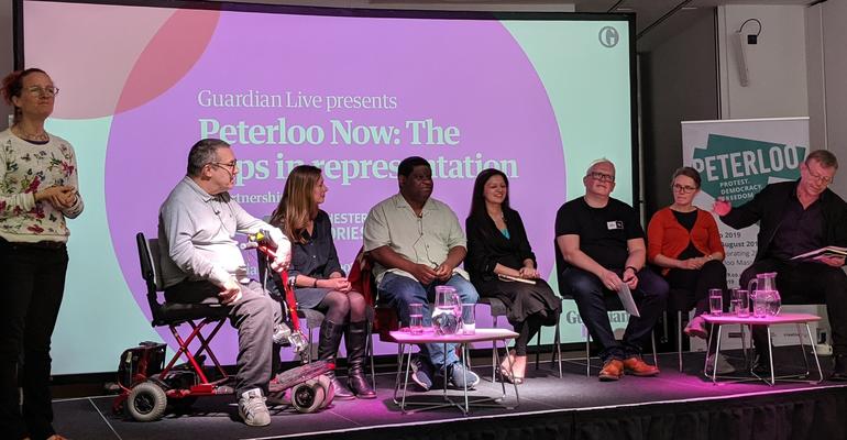 Paul Maher and other panel members debate 'The Gaps in Representation' (image courtesy of @LauraDobbo). Peterloo Now: Panel debating 'The Gaps in Representation', Manchester Central Library, June 2019