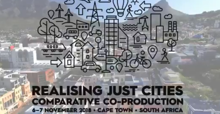 Realising Just Cities conference logo, superimposed on an image of Cape Town, South Africa