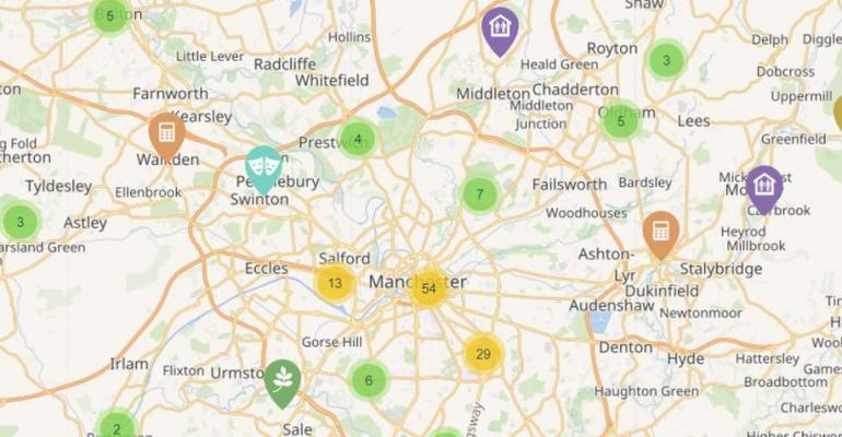 Snapshot from the digital map locating examples of social and solidarity-related economic activity in and around Greater Manchester.
